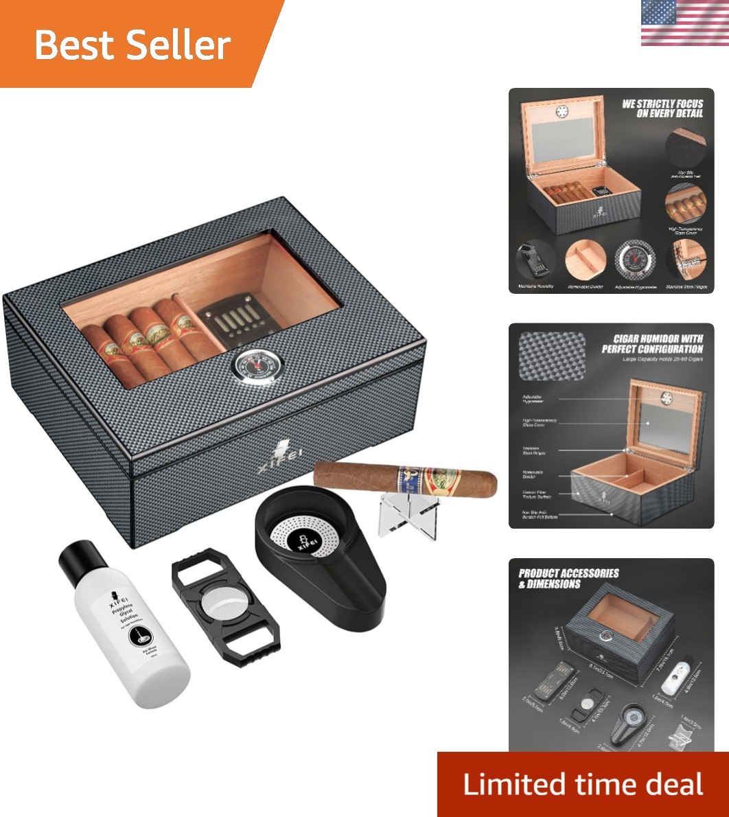Luxury Desktop Cigar Humidor Set with Cutter, Stand, and Humidifier Solution Luxury Desktop Cigar Humidor Set with Cutter, Stand, and Humidifier Solution