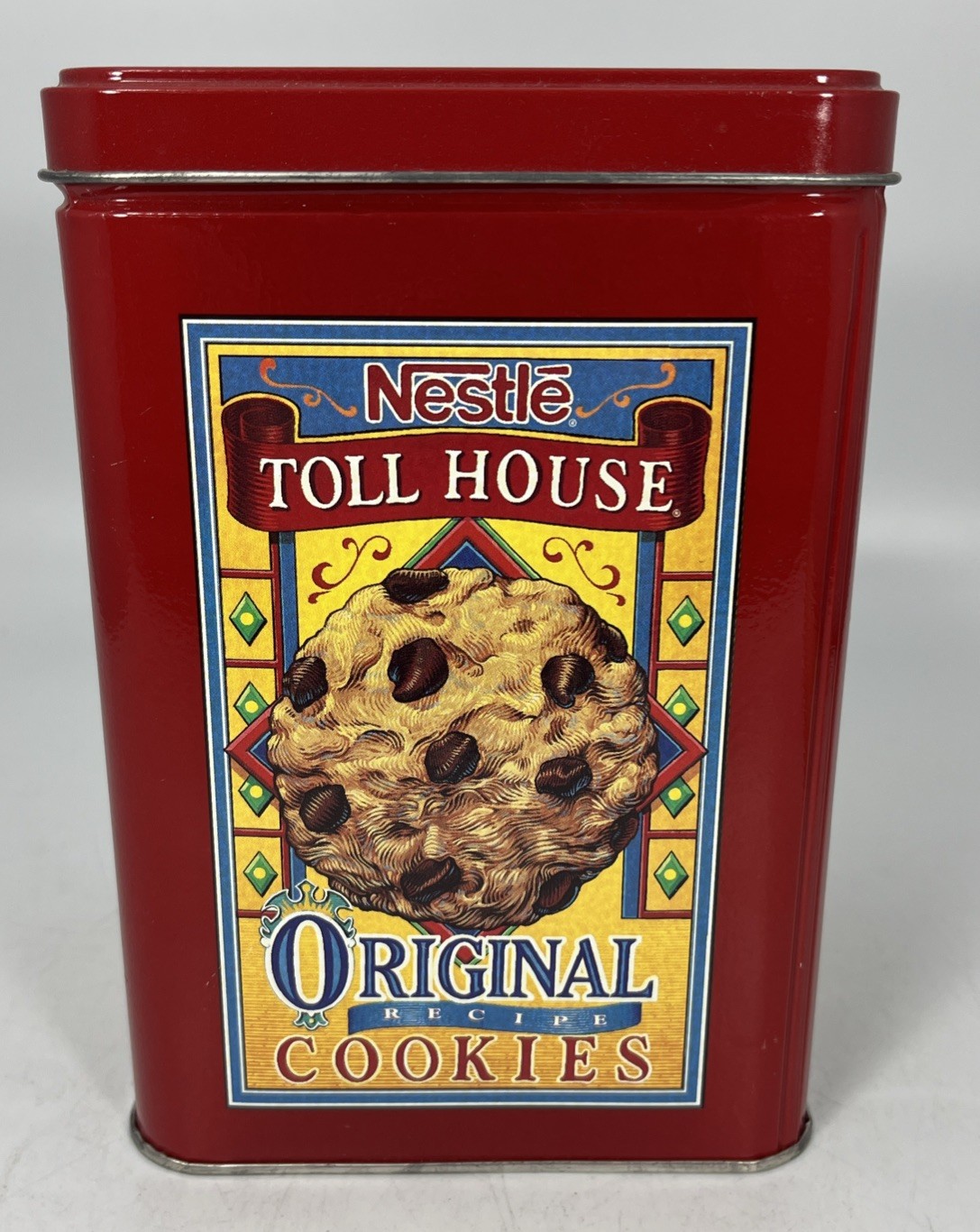 Vintage Nestle Toll House Original Recipe Cookies Metal Tin Can Red Container Vintage Nestle Toll House Original Recipe Cookies Metal Tin Can Red Container