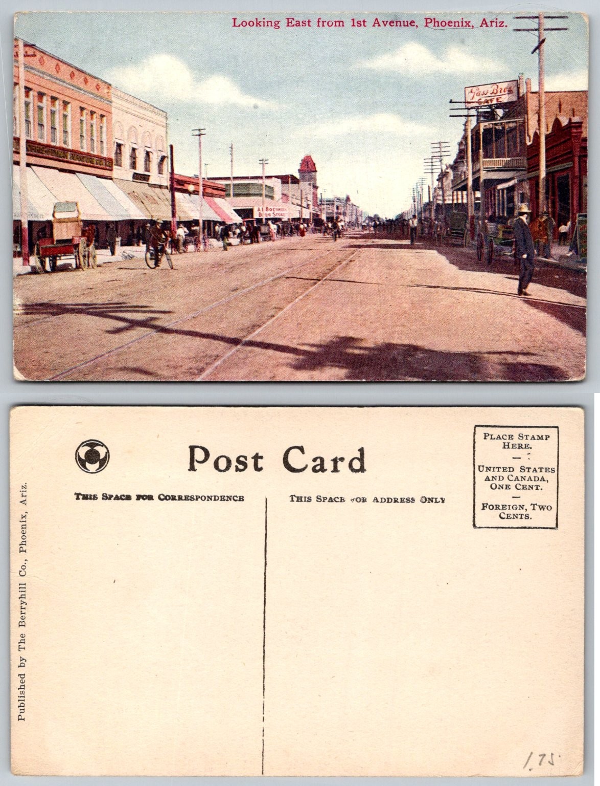 Phoenix AZ 1st Avenue East View Early 1900s Street Scene Postcard