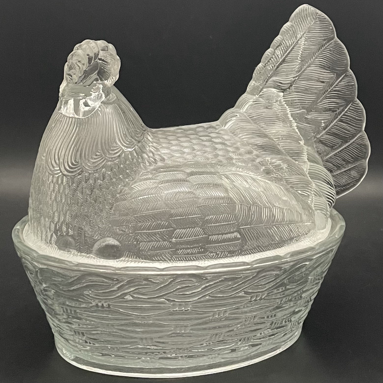 L.G. Wright RARE Jumbo (XL) Clear Glass Hen on Nest Candy Dish c1950s USA 8