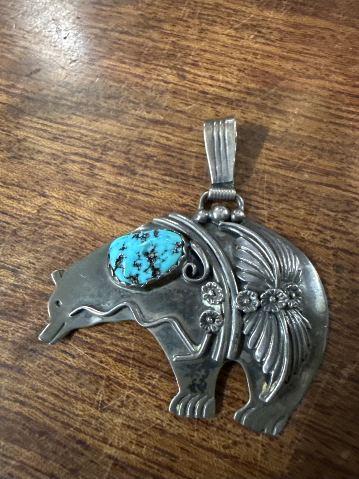 Vintage RS 2” Navajo Sterling Silver with Turquoise Bear Pendant Sterling