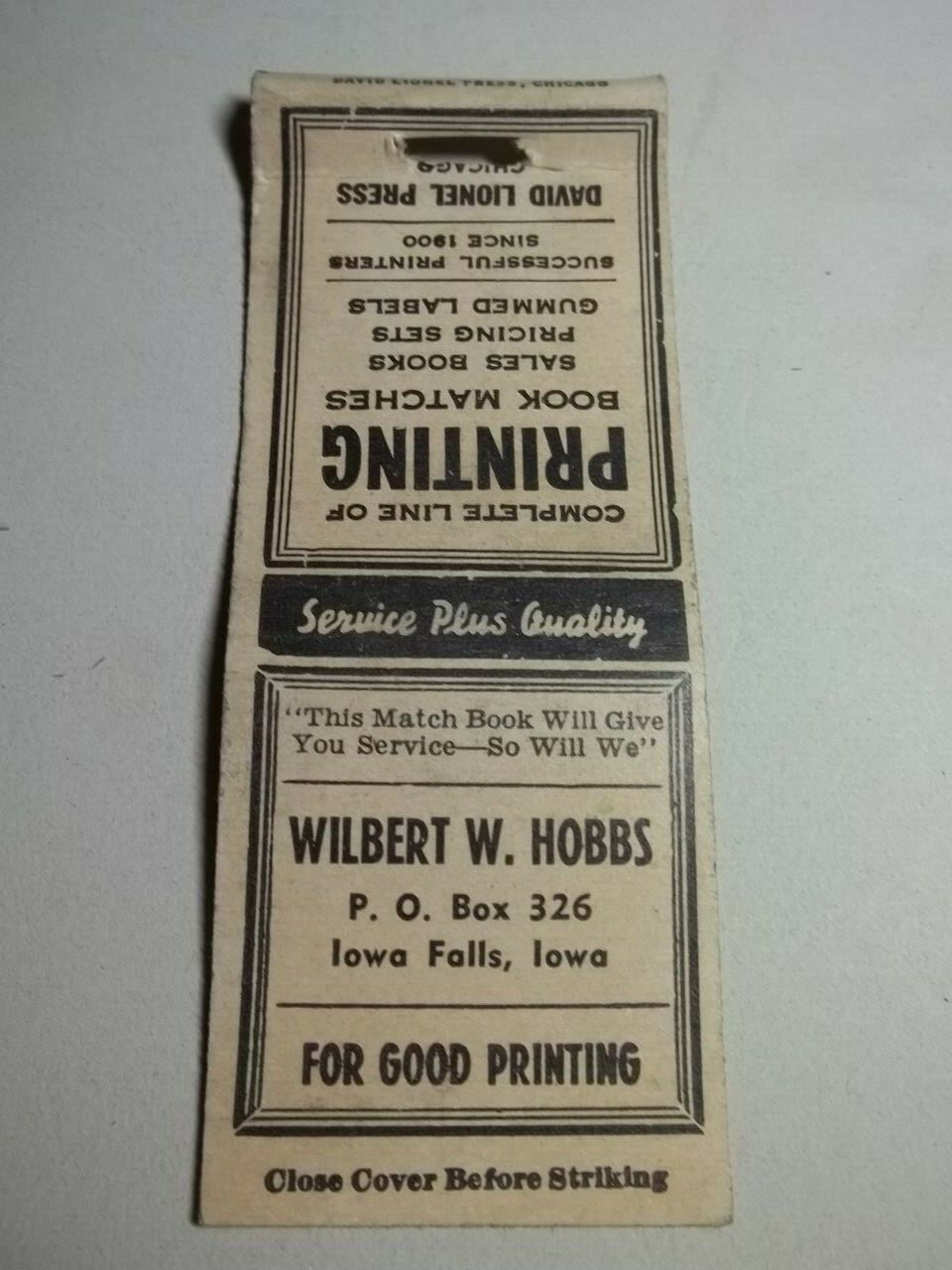  Matchbook Cover Wilbert W Hobbs Printing Box 326 Iowa Falls IA #231