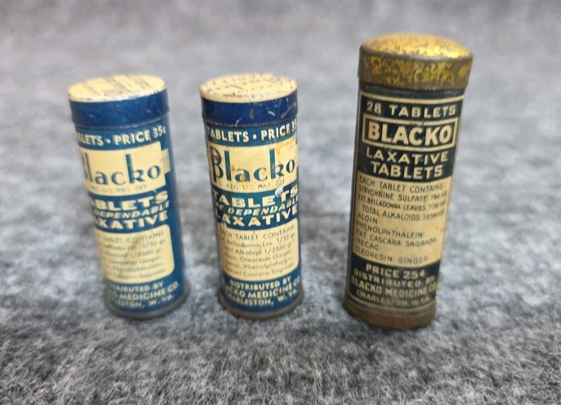3 Vtg Advertising Medicine Tin Blacko Laxative Tablets Charleston WV EMPTY