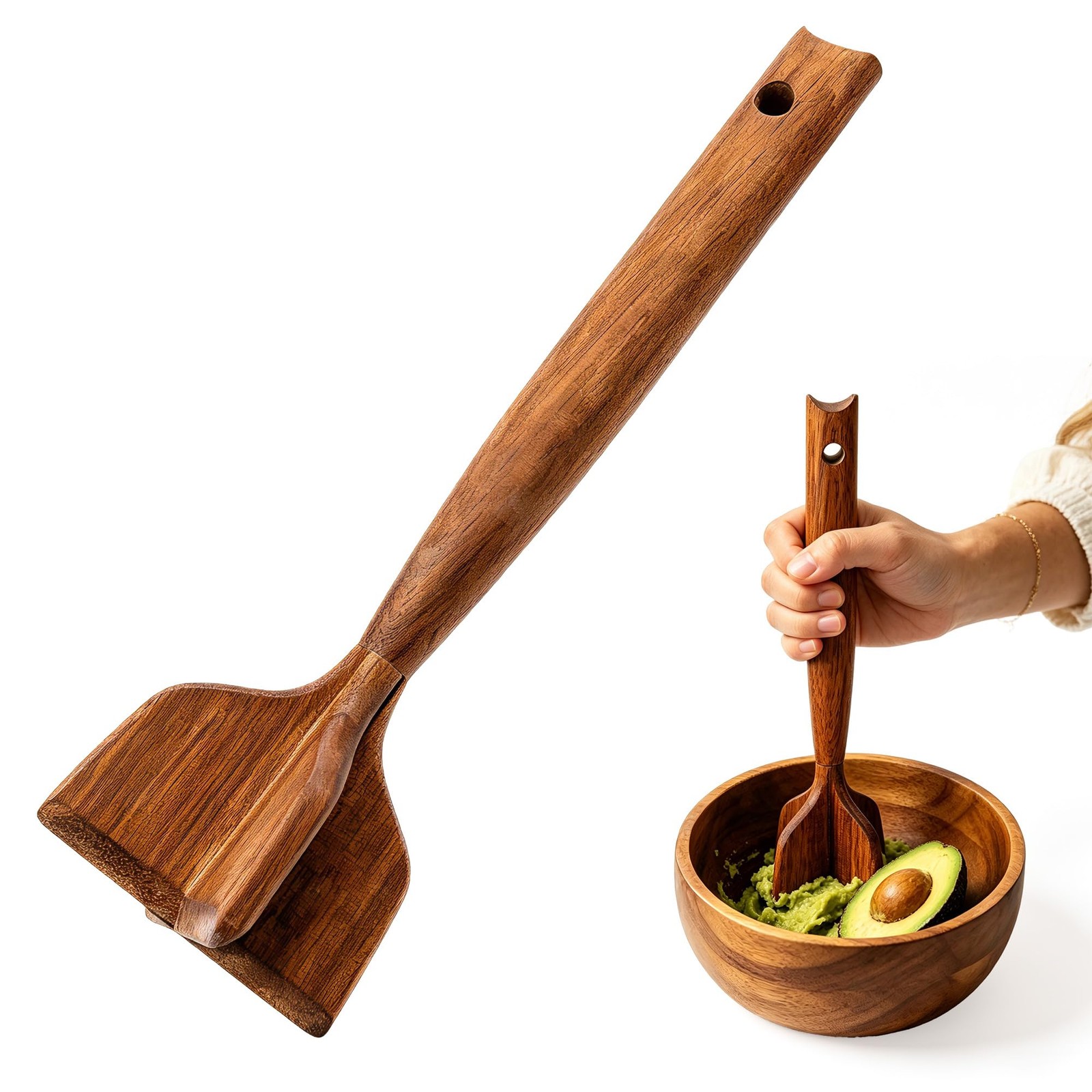 Meat Masher, Teak Wooden Ground Beef Smasher - 10.6 Inch Heavy Duty Non Scrat...