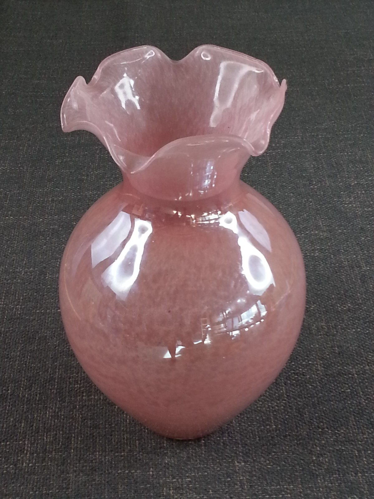 Vintage Pink  Mauve Glass Vase Ruffled Rim 13.75”