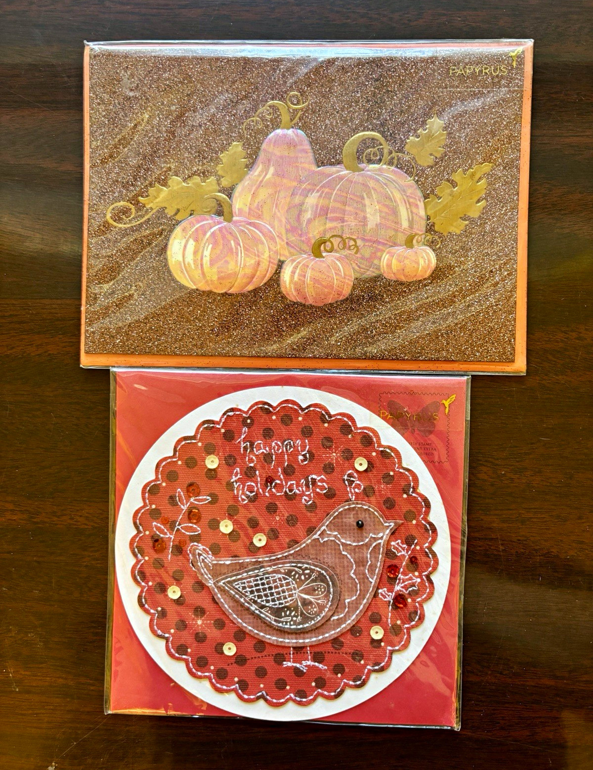 Papyrus Thanksgiving & Christmas Greeting Cards Glitter Embellished - Lot of 2