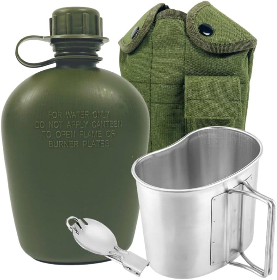 Begrit Army Canteen Stainless Steel Cup W/Spoon Fork for Backpacking | 1-Quart U