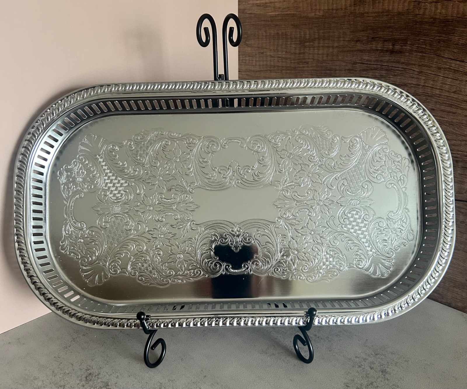 Vtg 70s Irvinware Chrome Shell & Lattice Gallery Serving Tray 16\