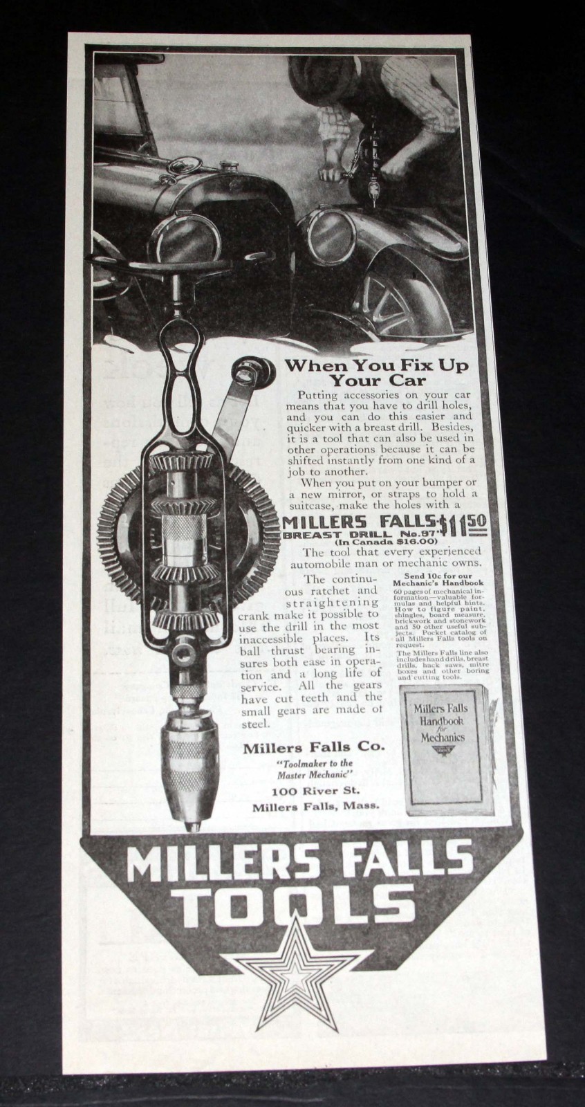 1920 OLD MAGAZINE PRINT AD, MILLERS FALLS TOOLS, BREAST DRILL, FIX UP YOUR CAR