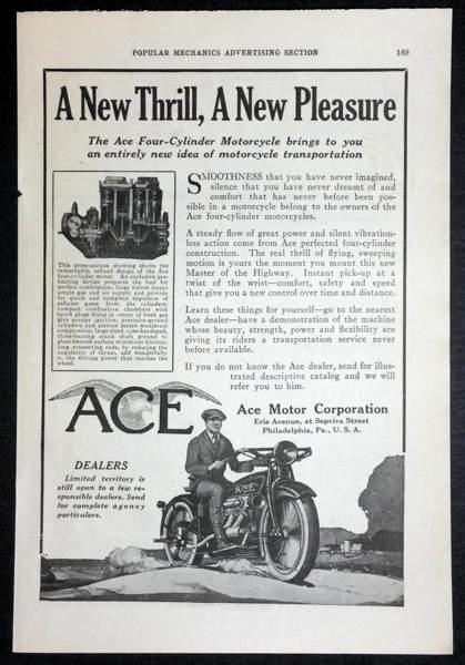 1922 Ace Motorcycle print AD “A new Thrill, A New Pleasure”