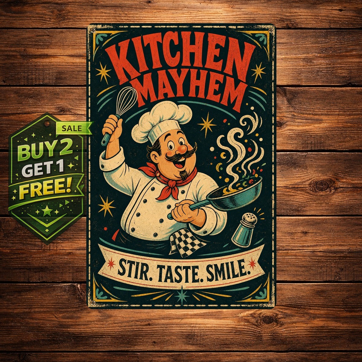 Cartoon Chef Kitchen Metal Sign Whimsical Cooking Theme Tin Wall Plaque 8x12