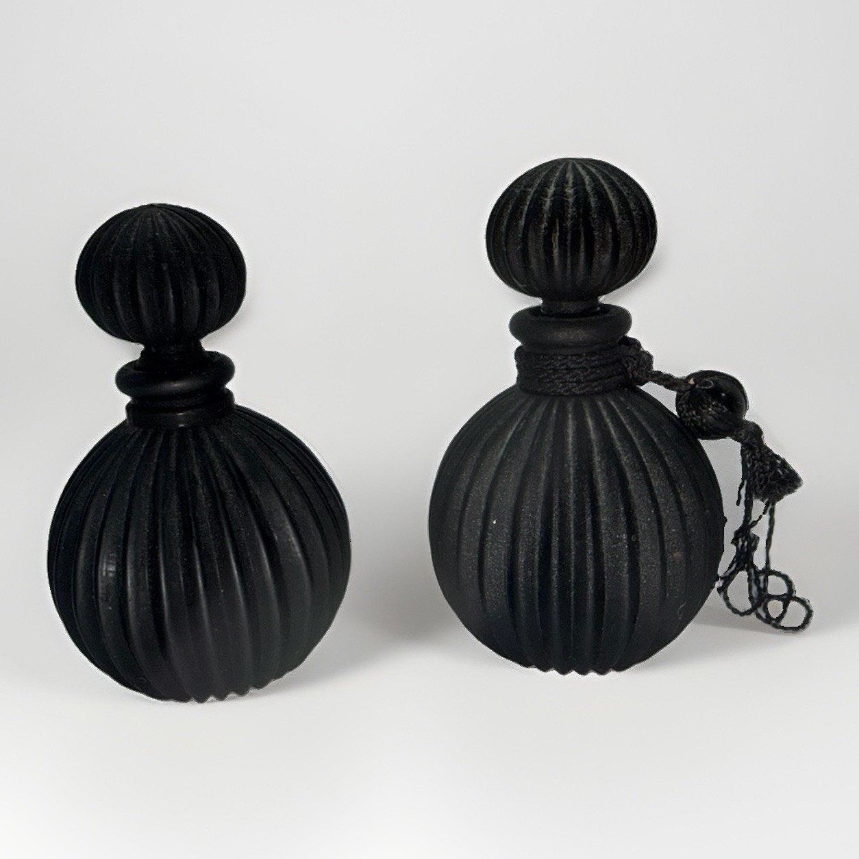 Vintage Black Amethyst Satin Glass Perfume Bottles Pair Ribbed Melon Vanity Set