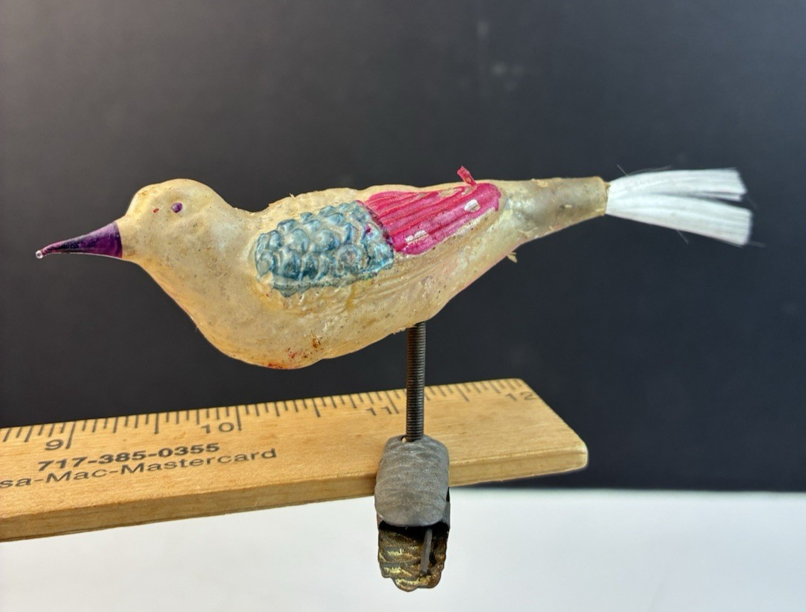 Early Un-silvered Blown glass Clip-on Bird Ornament, Blown Glass Christmas Bird
