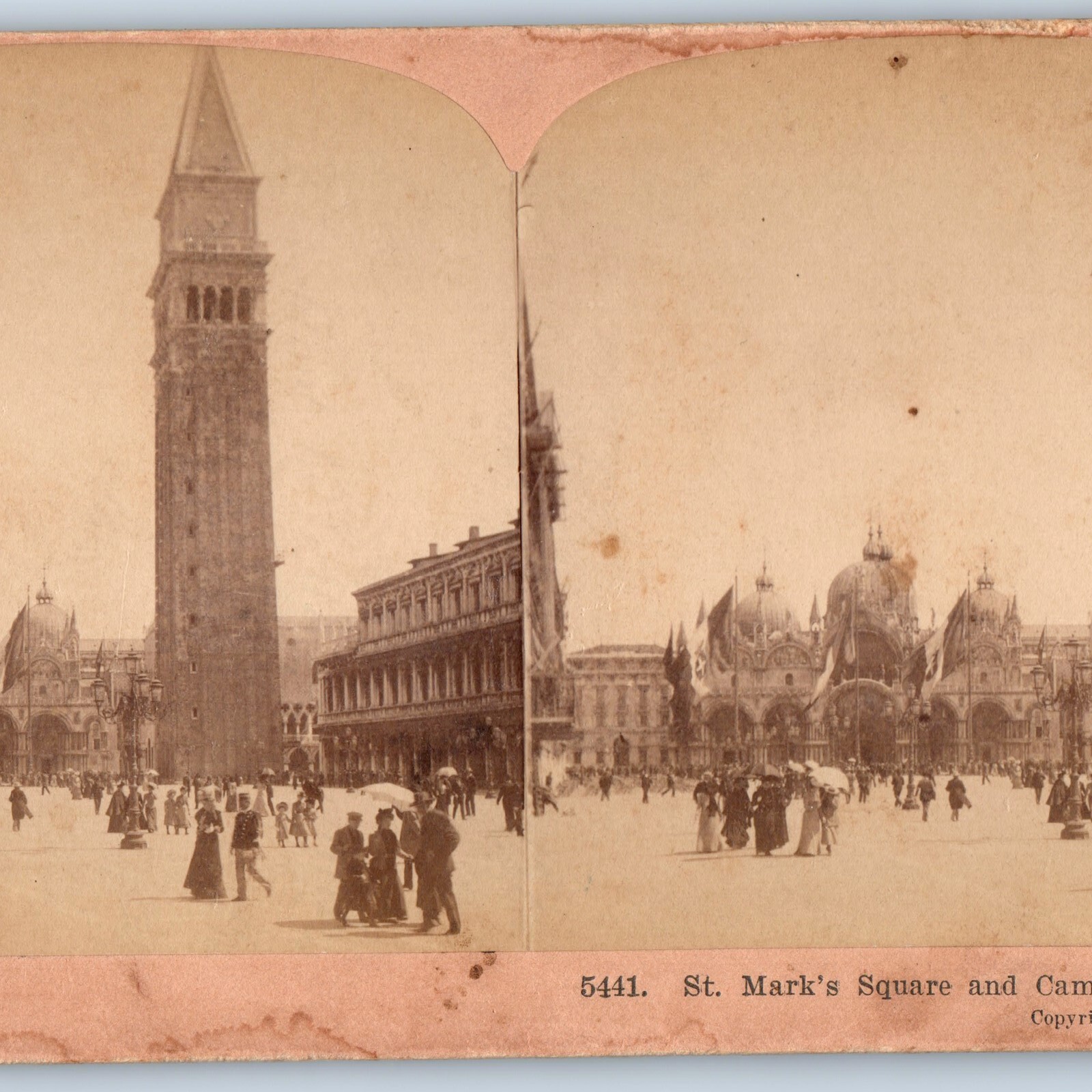 1902 St. Mark\'s Square Campanile, Venice, Italy Photo Stereo Card People V45