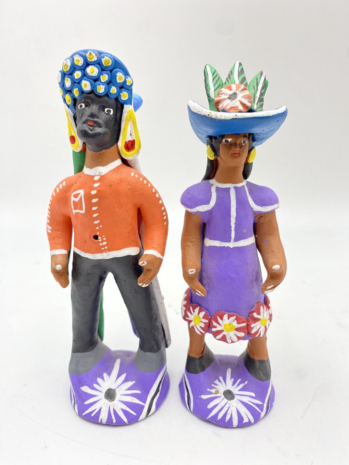 Vintage Mexican Folk Art Clay Pottery Hand Painted Man and Woman Figures