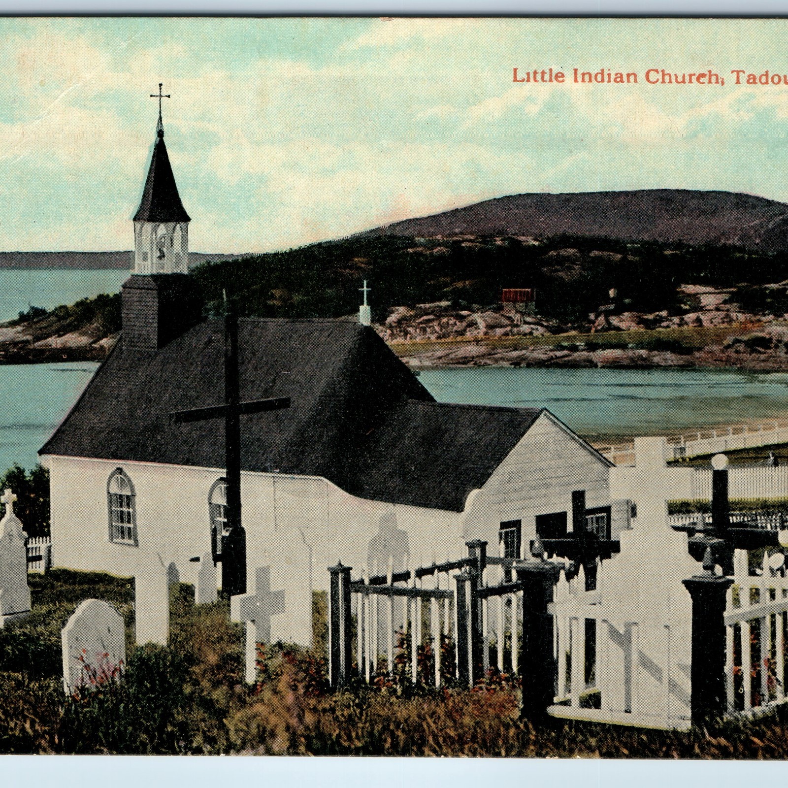 c1910s Tadoussac, QC Little Indian Church Cemetery Postcard Grave Cross Quebec