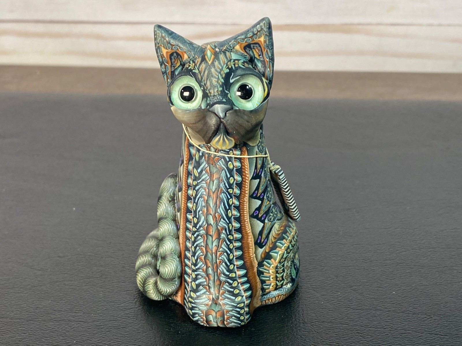 Jon Stuart Anderson Clay Cat Figurine Decorated with Ladybug Scarab Bees Dancers