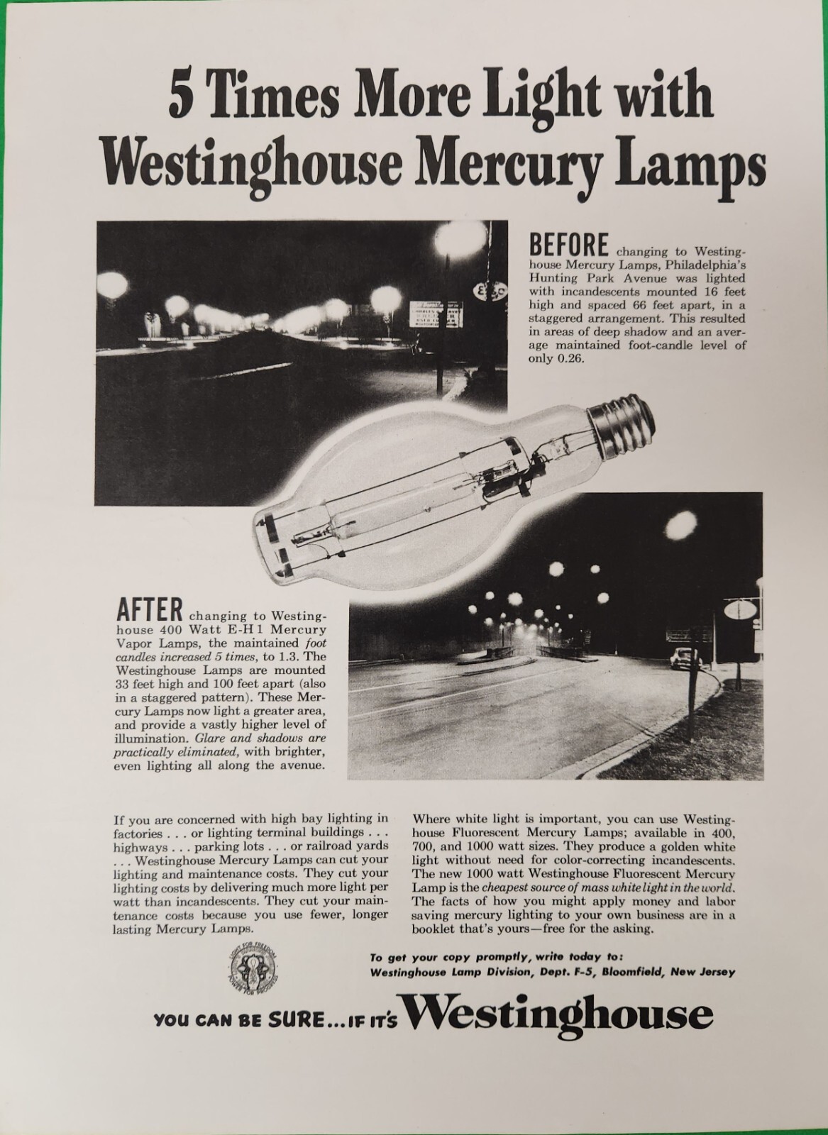 1954 Print Ad Westinghouse Mercury Lamps Before & After Bloomfield,NJ