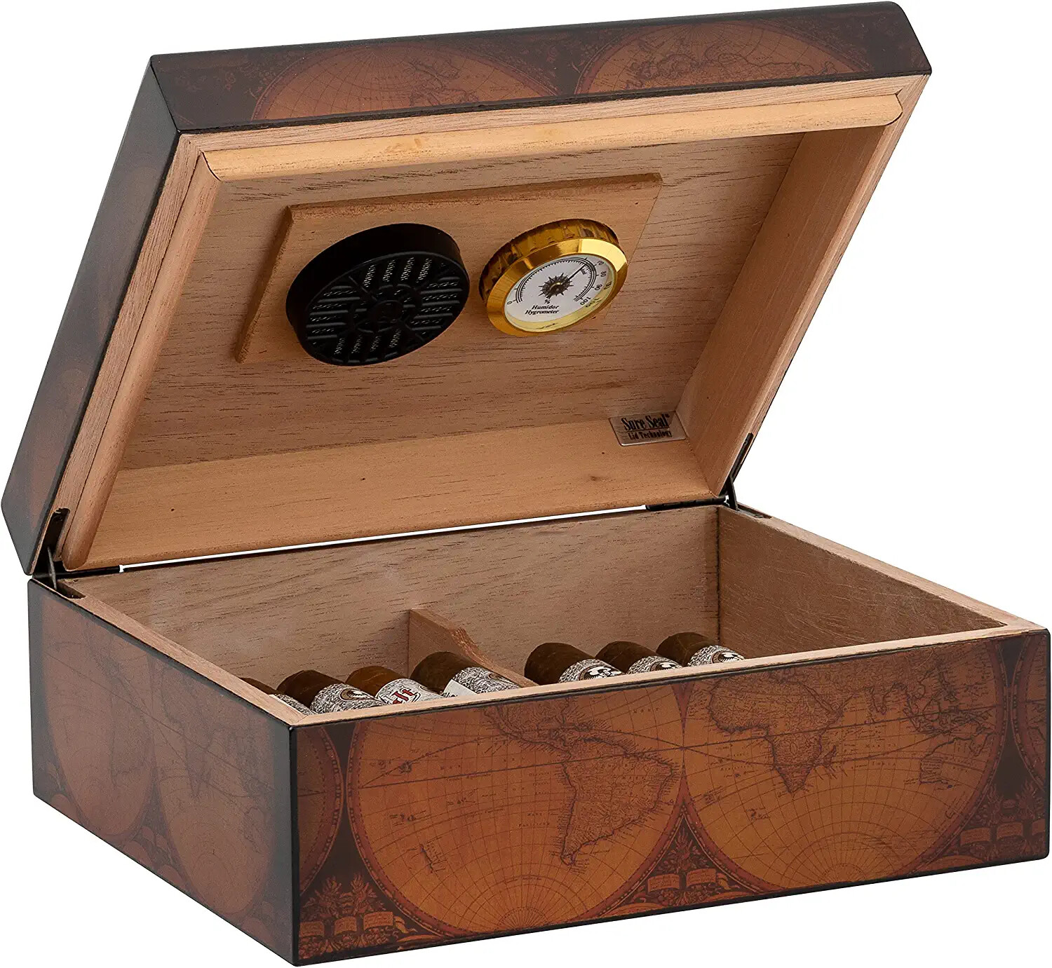 Desktop Cigar Humidor Wood Box, Old World, Walnut Finish, 25-50 Cigar Storage