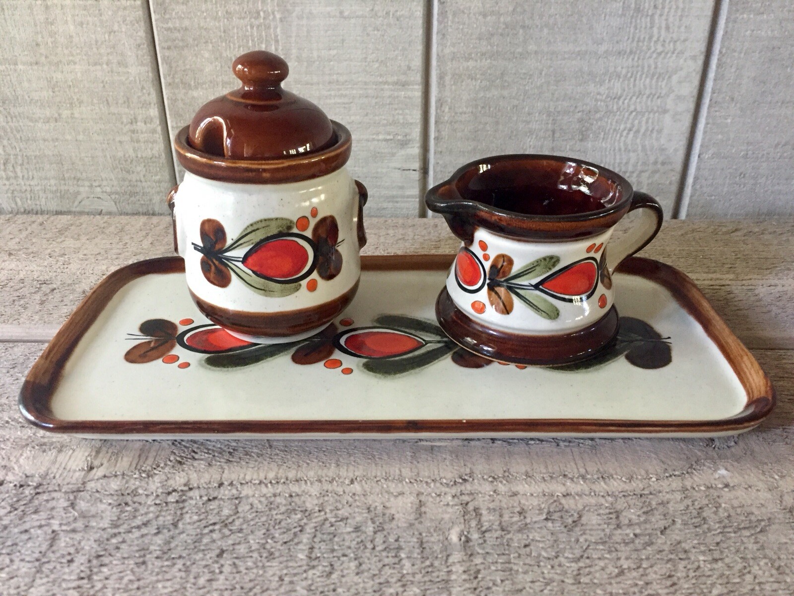 Vintage Schramberg Cream Sugar & Tray Folk Art Pottery Bernau Germany Set/3