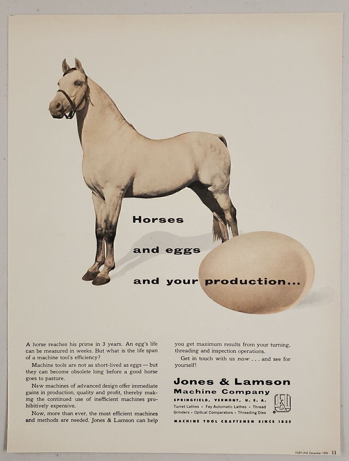 1951 Print Ad Jones & Lamson Machine Company Horse & Eggs Springfield,Vermont