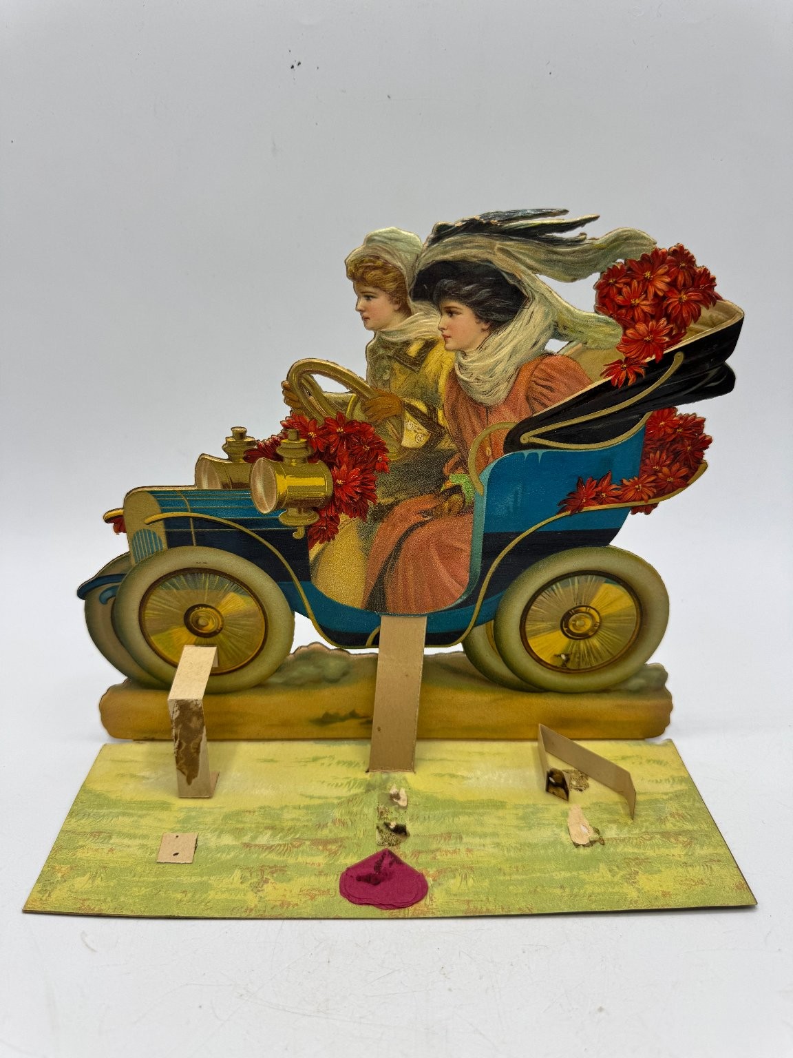 Vintage Mechanical Valentine Card Women in Blue Automobile Die-Cut Germany
