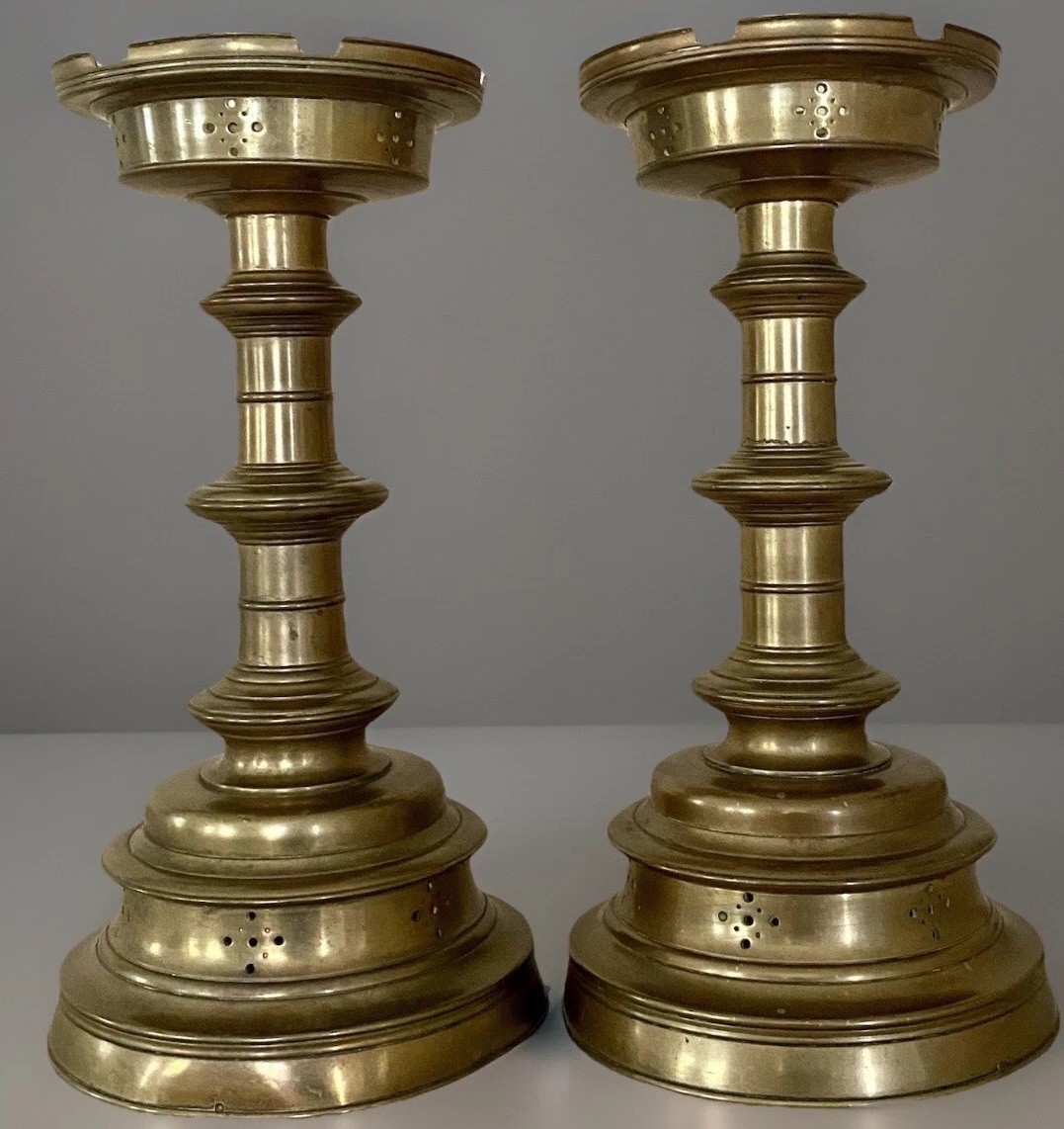 Antique Gothic Church Altar Candlesticks Pair Ecclesiastical Candleholders