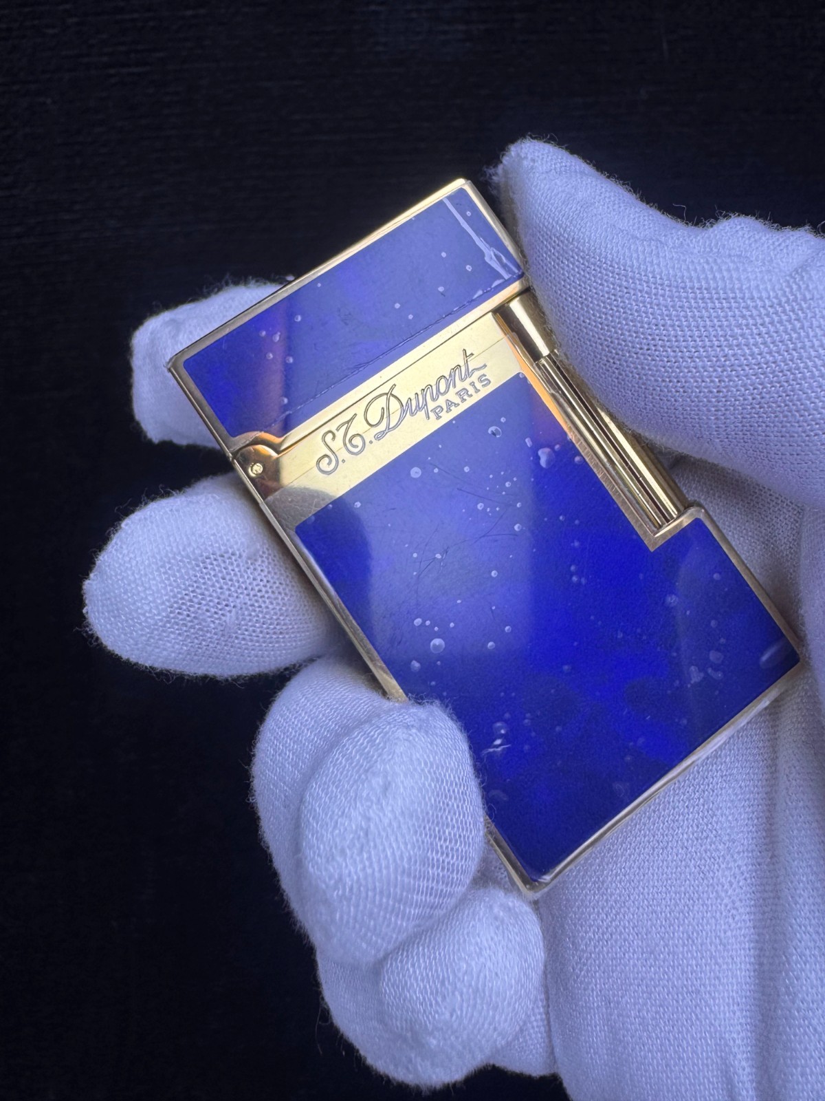 S.T. Dupont Blue Painted Gold Double Flame Lighter With Gift Box