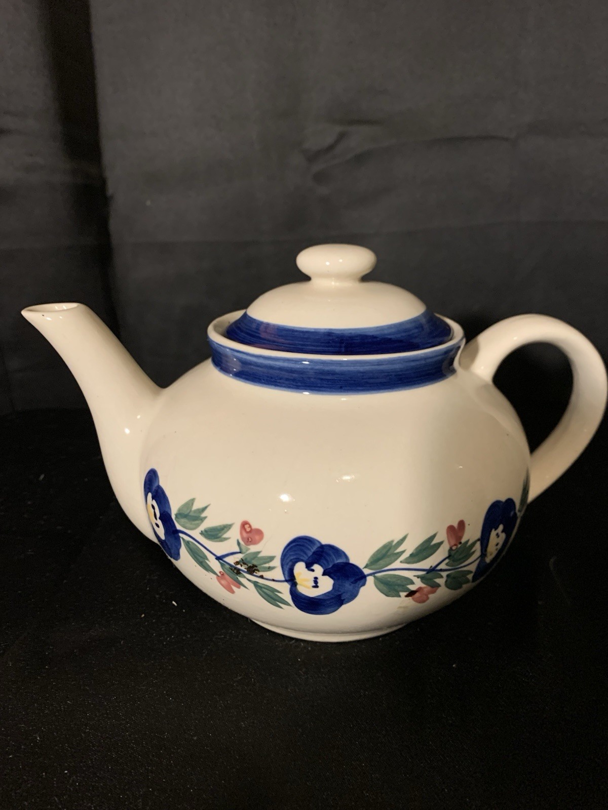 Vintage Designpac Ivory & Blue Stoneware Teapot W/Lid Handpainted Floral Pattern