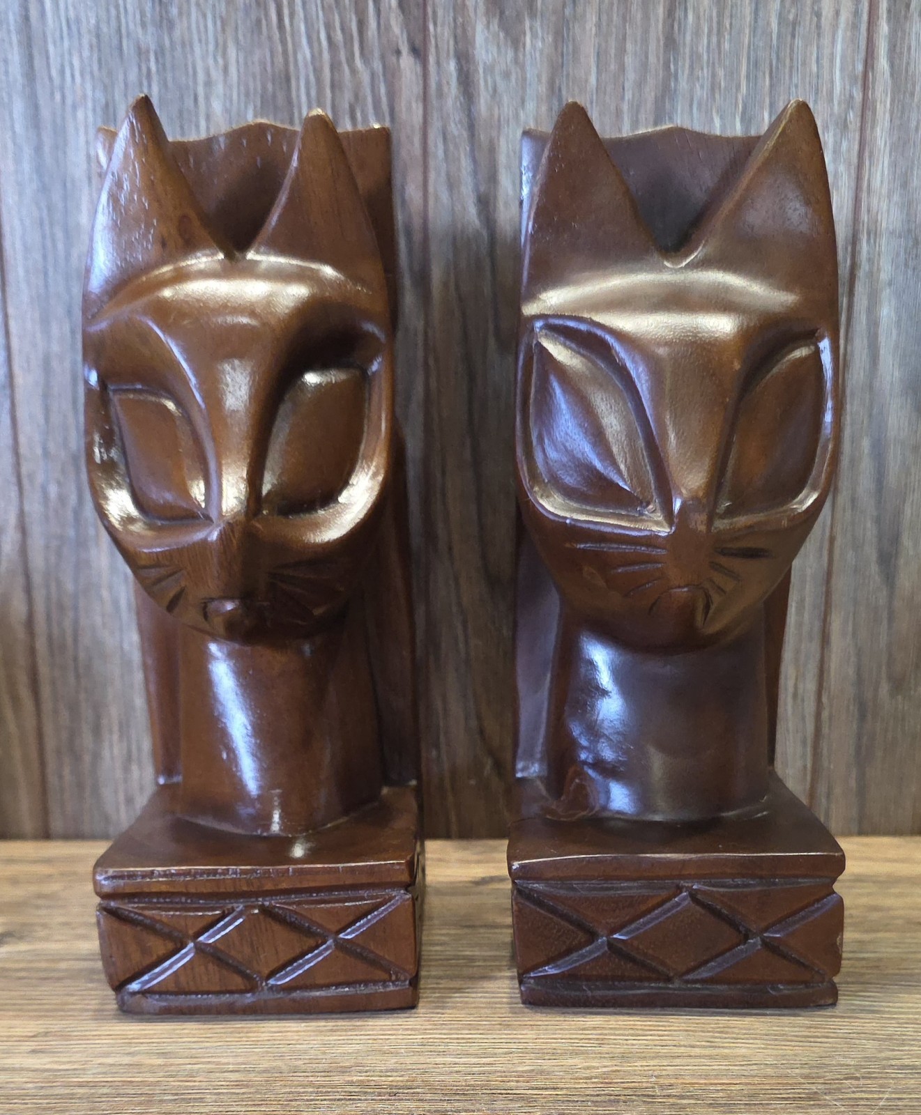 Vintage MCM Hand Carved Wood Siamese Cat  Figurines Bookends