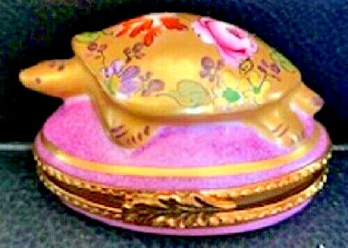 Limoges French Porcelain 24K Gold Turtle with Floral Design Trinket Box 