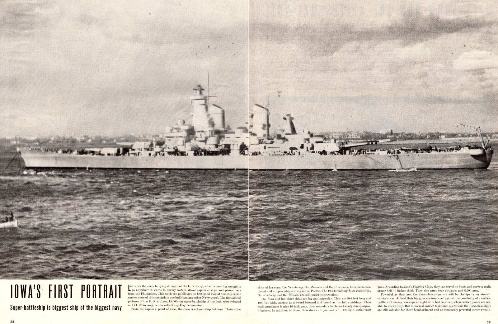 1944 WW2 prinr photo U.S.S. IOWA First portrait of Super Battleship 111724