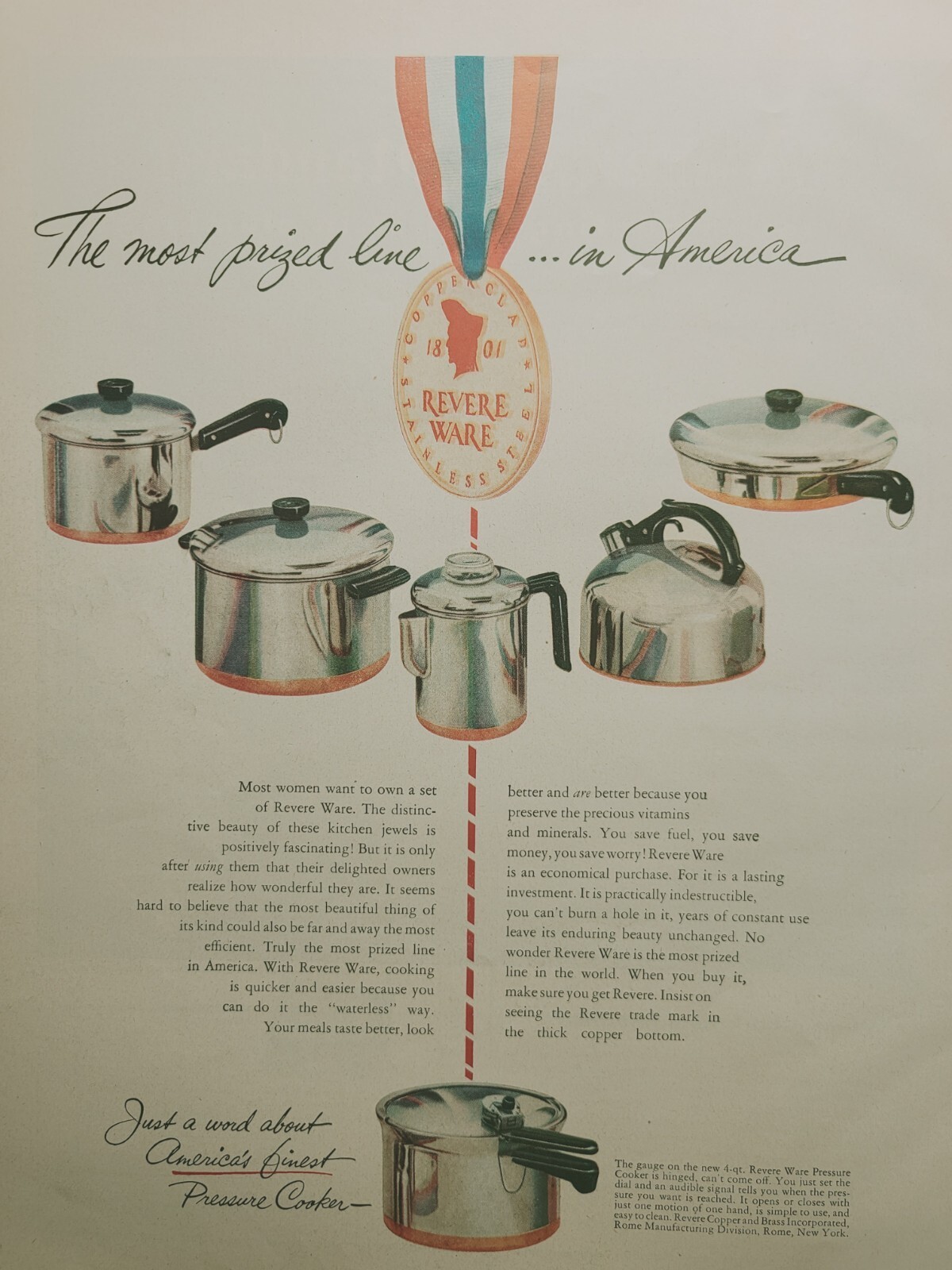 Revere Ware Pressure Cooker Rome NY Copper Bottom Vintage Print Ad 1950