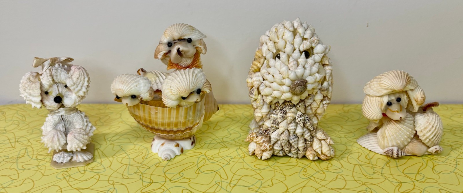 Vintage Seashell Dog Figurines Lot 4 Shell Art Poodle Kitsch Coastal Souvenir