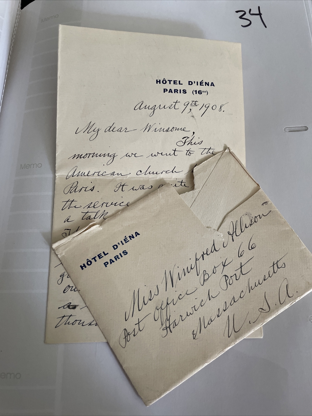 1908 handwritten letterhead envelope Hotel D’Iena Paris Harwichport MA postmark