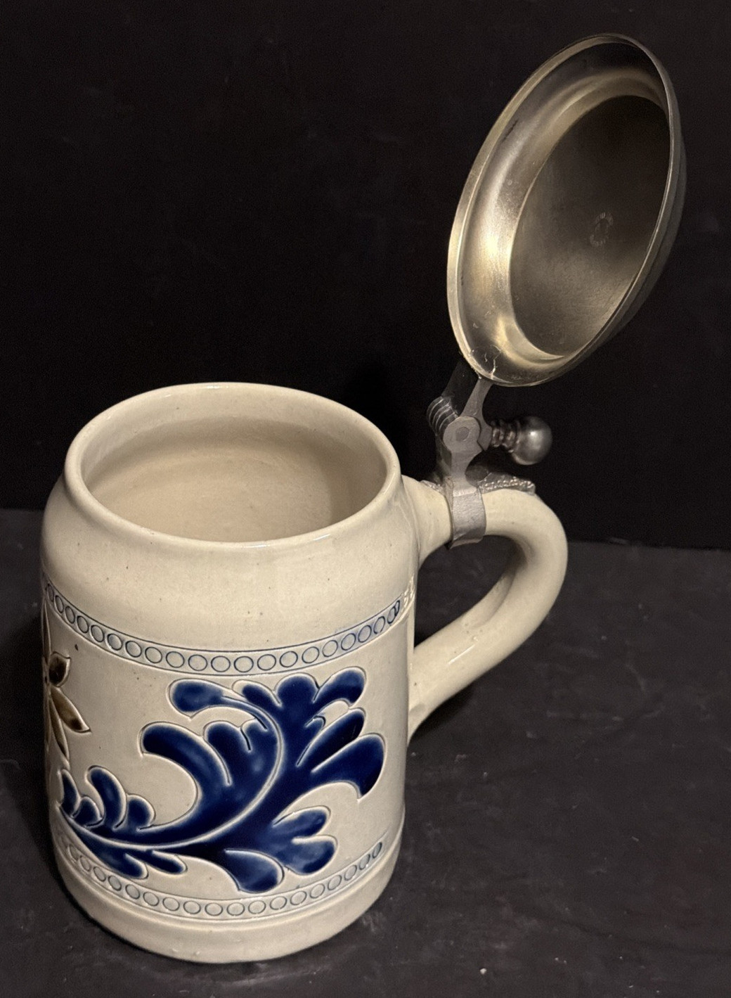 Vintage Rein Zinn German SaltGlazed Stoneware Handanbeit Beer Stein w/Pewter Lid