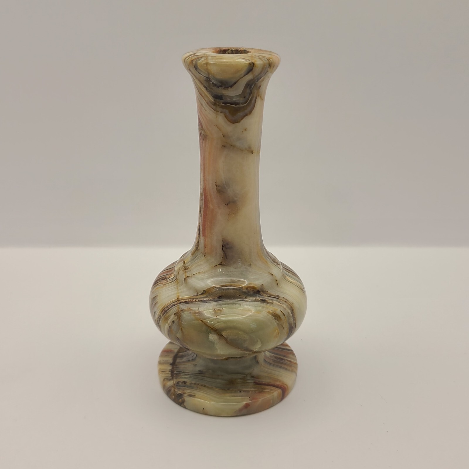 Vintage Marble Onyx Bud Vase Carved Banding Veining Imported Stone Texture 
