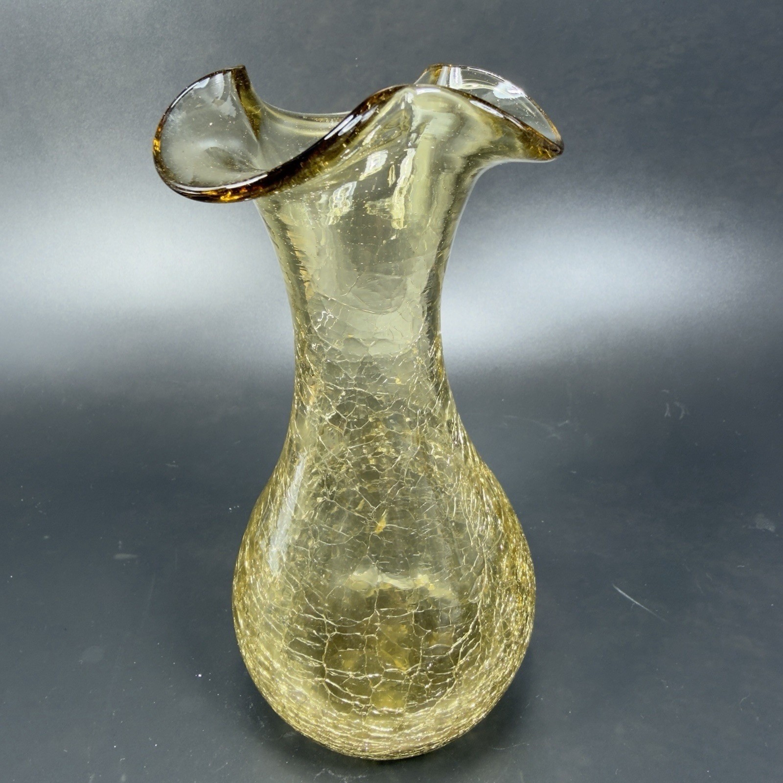 Vintage Hand Blown Yellow Amber Crackle Glass Vase Ruffled Edges Crackled Glass