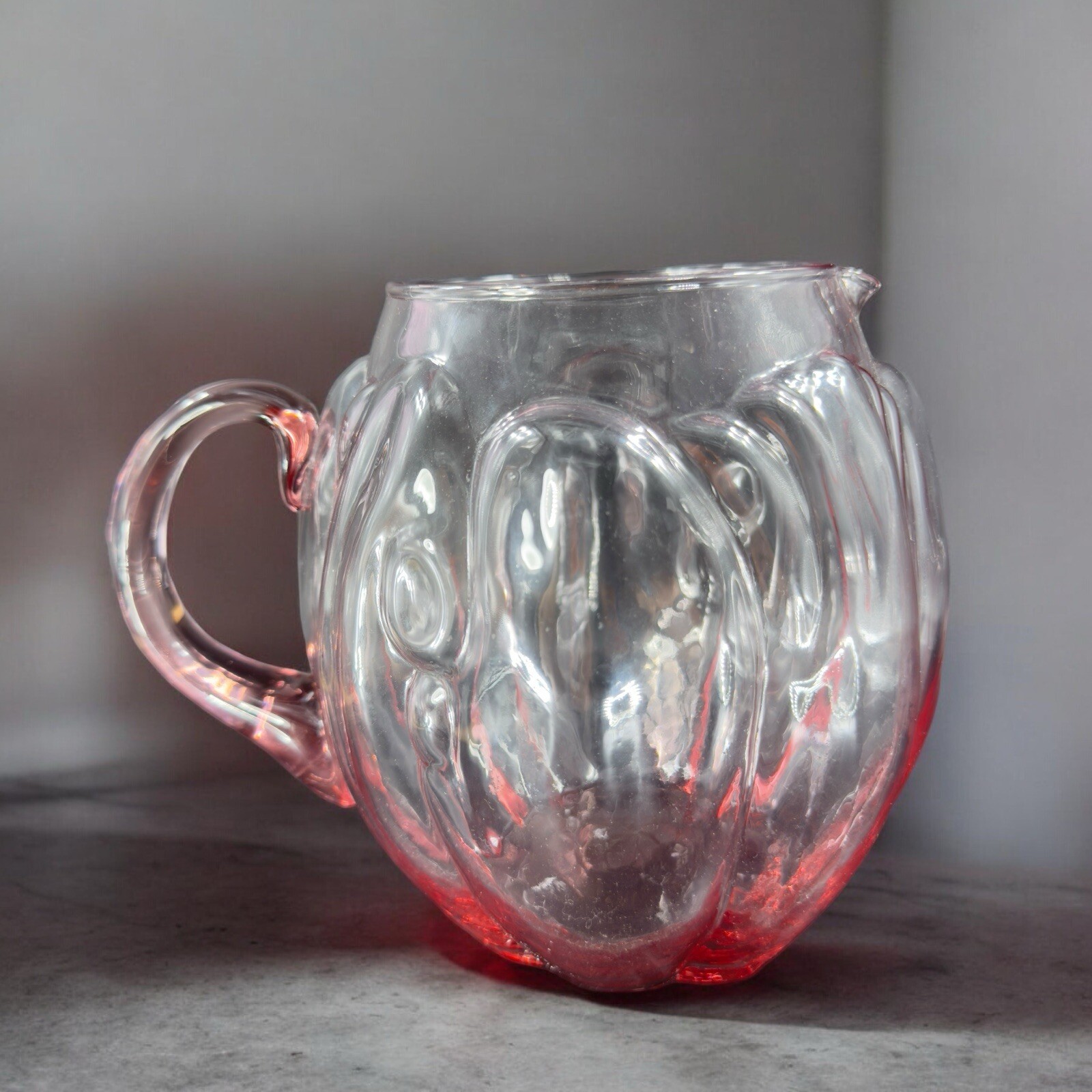 Vintage Mid Century Glass Pitcher Carafe Light Transparent Pink Color Raised VTG