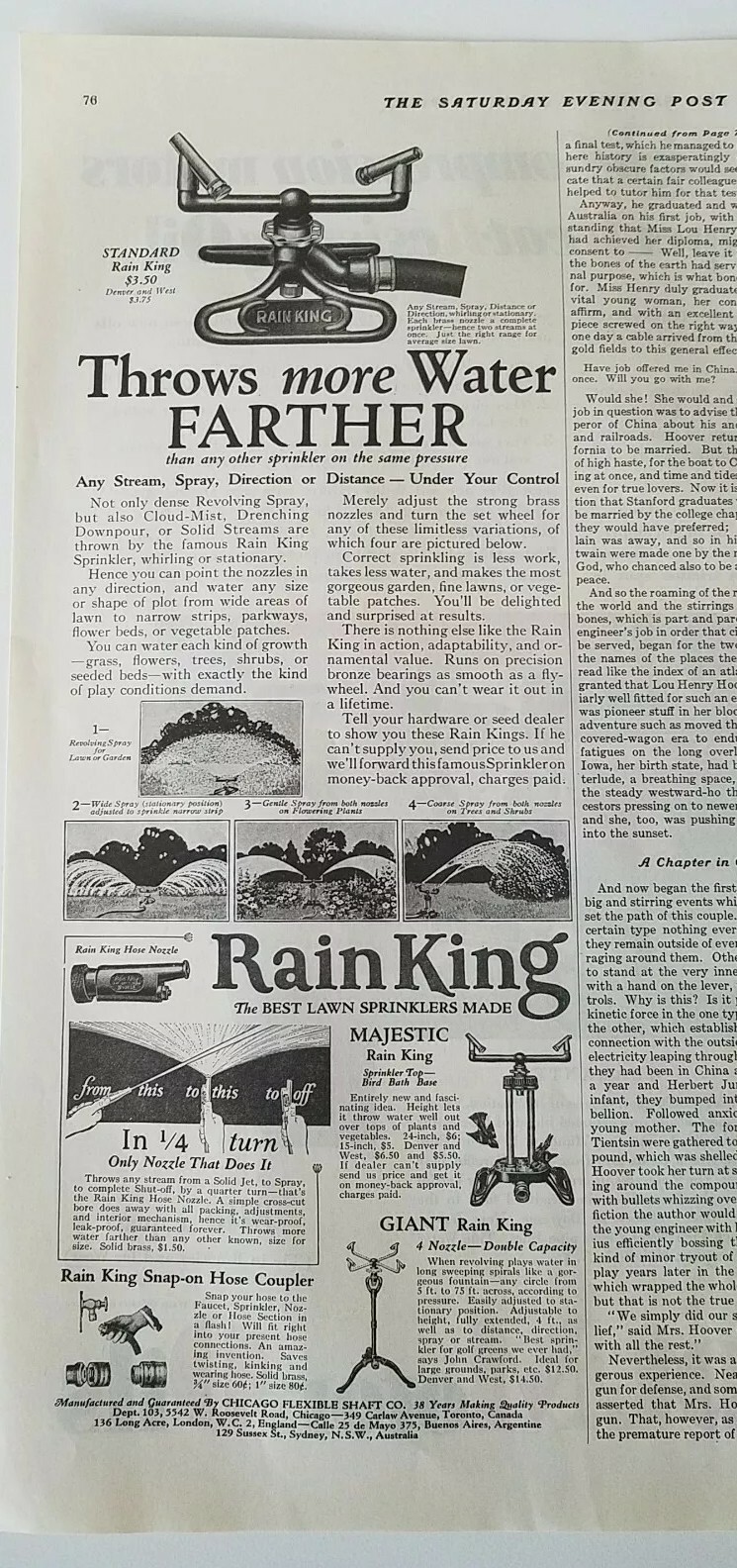 1928 RainKing lawn sprinkler throws more water farther vintage yard ad