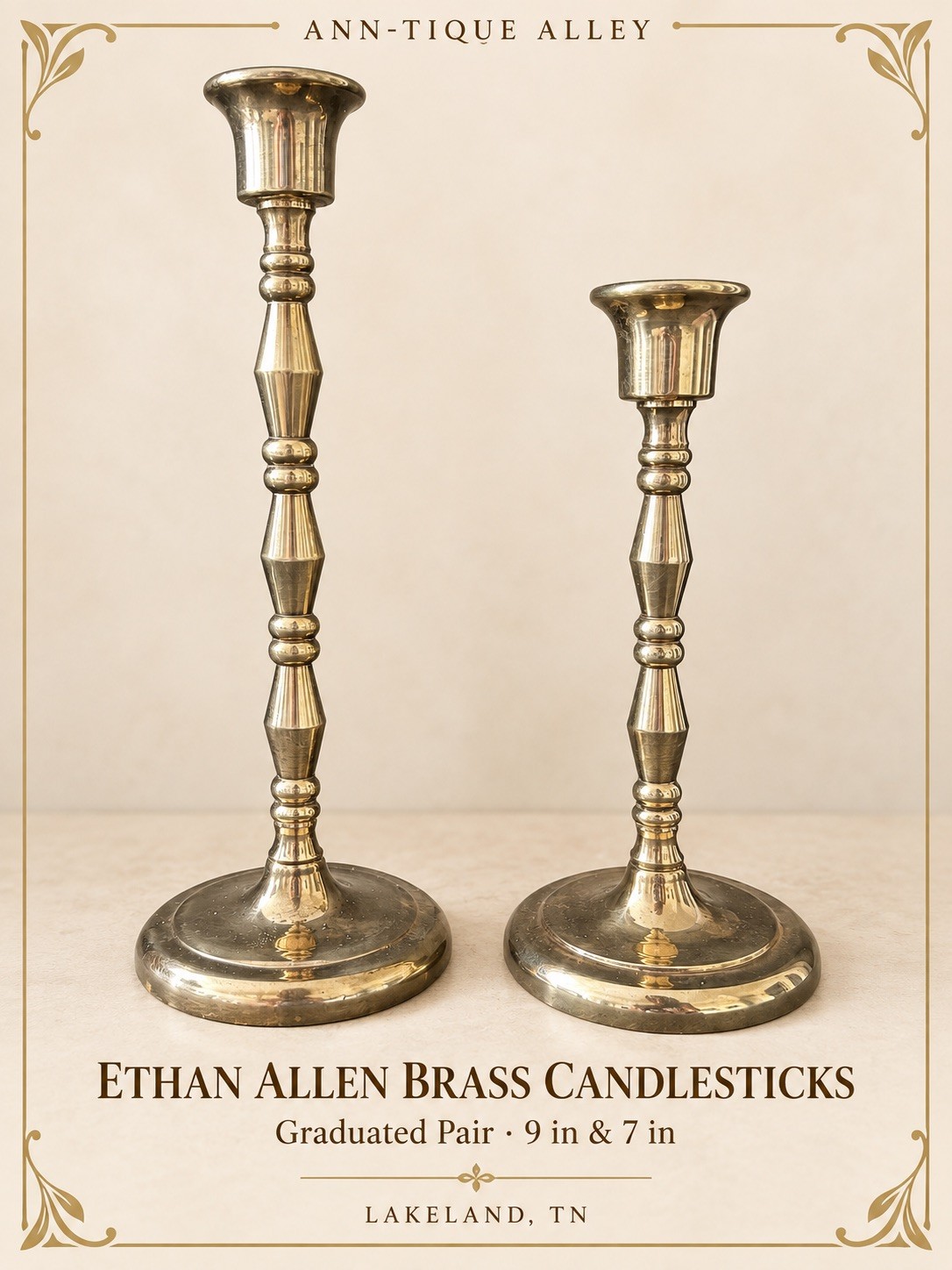 VTG Pair of Ethan Allen Brass Candlesticks Graduated 9” & 7” Taper Holders