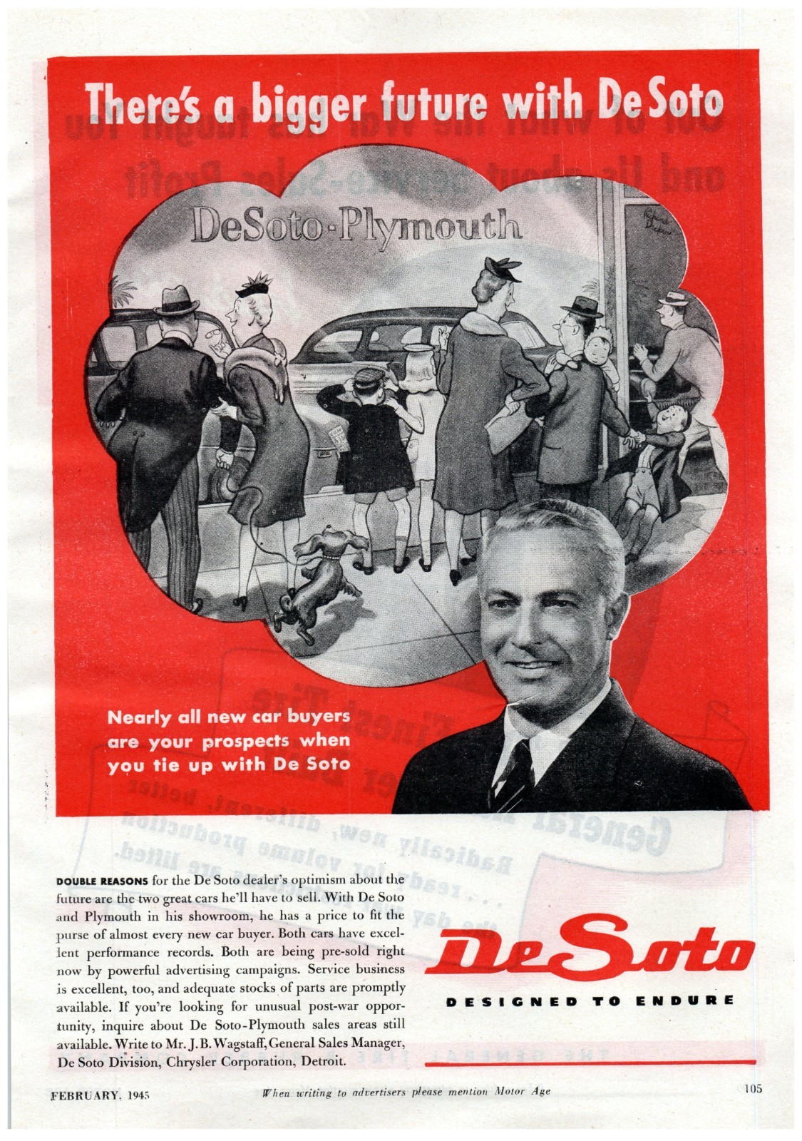 1945 PRINT AD, DeSoto Plymouth Dealer Showroom MCM 40's Bigger Future Optimism