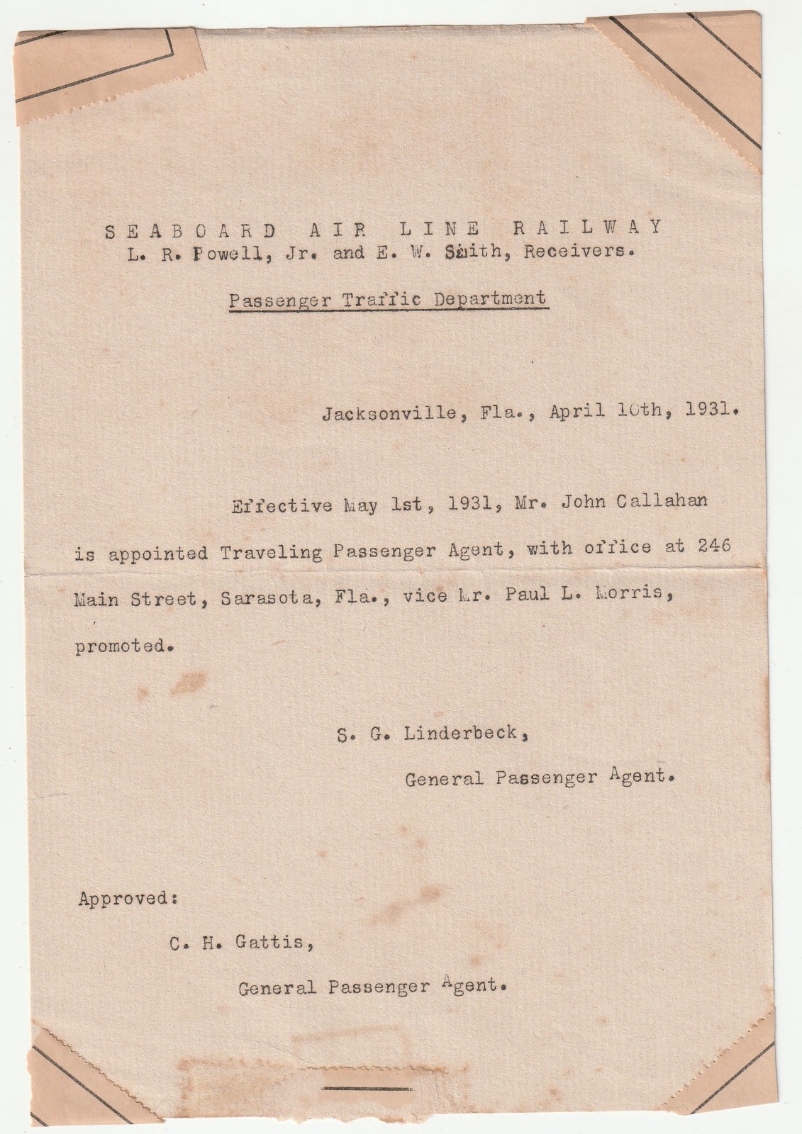 1931 LETTERHEAD SEABOARD AIR LINES PROMOTION TRAVEL AGENT JACKSONVILLE FLORIDA