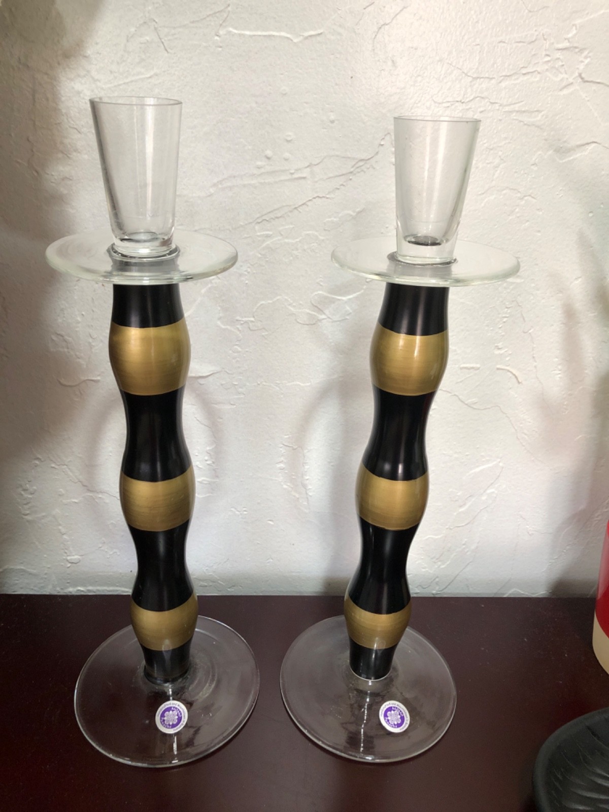 VTG.MOMO PANACHE hand blown Romanian holder set of 2 BLACK/GOLD Striped glass