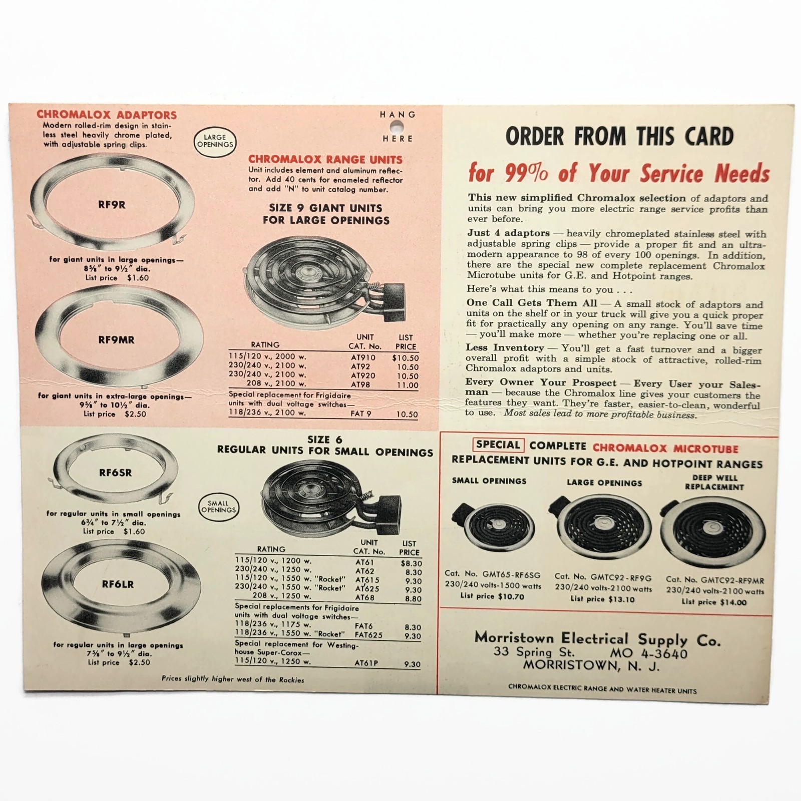 Vintage Morristown Electrical Supply Co Chromalox Electric Range Parts Mailer NJ Vintage Morristown Electrical Supply Co Chromalox Electric Range Parts Mailer NJ