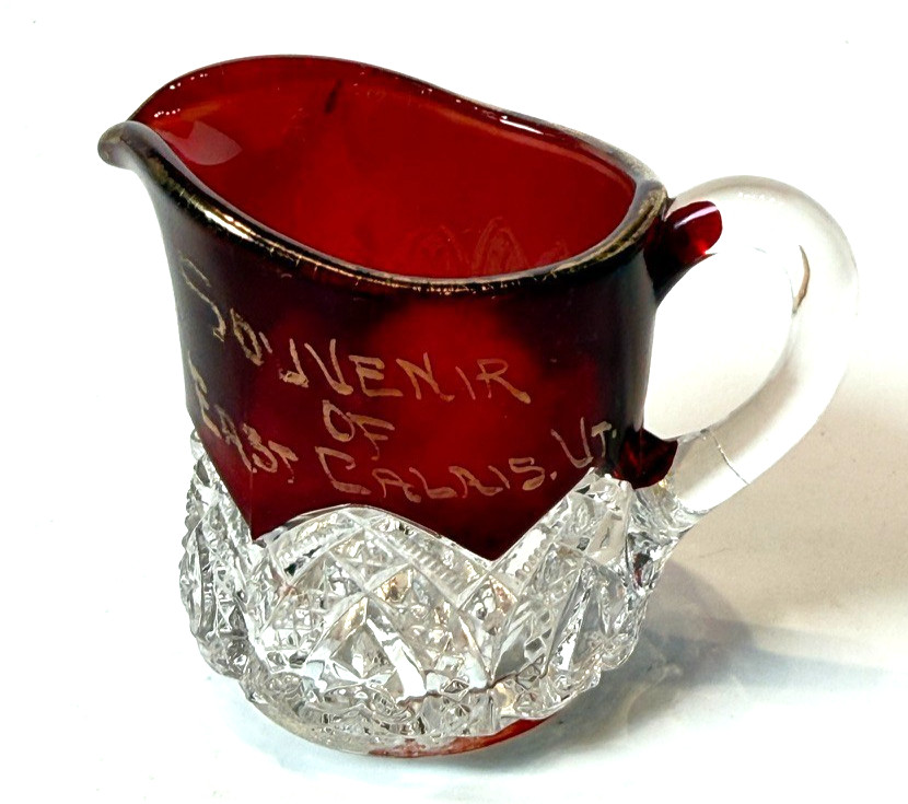 EAST CALAIS VT VERMONT Ruby Red Flash Souvenir Glass TRINKET ANTIQUE CREAMER