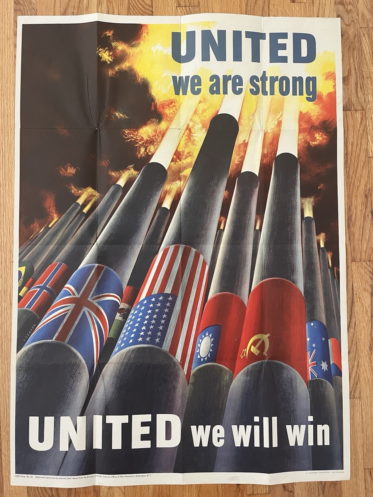 Original 1943 WWII Poster Henry Koerner United We Are Strong OWI 64 28x40 Large Original 1943 WWII Poster Henry Koerner United We Are Strong OWI 64 28x40 Large