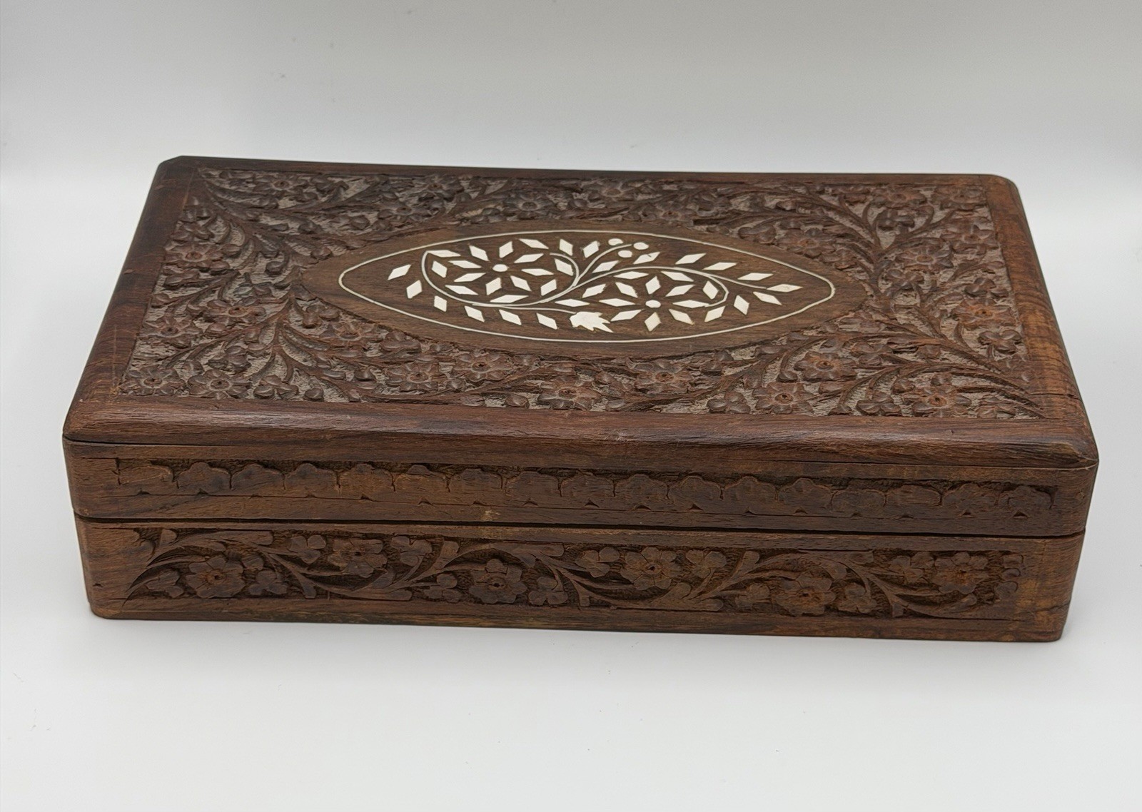 Sheesham Wood Trinket Box Inlay Jewelry Box India Hand Carved Vintage