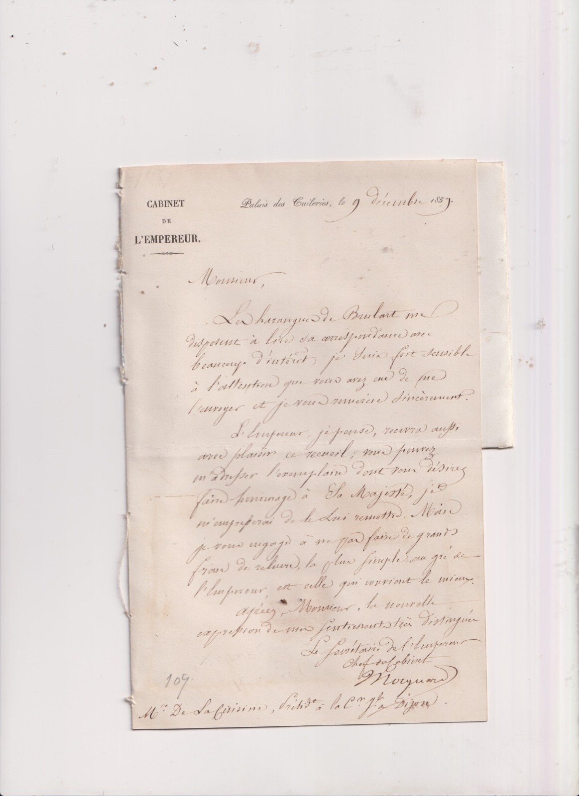 9-12-1859. L.A.S. Jean-F. Mocquard. Cabinet. Emperor. envelope. Franchise. RRR
