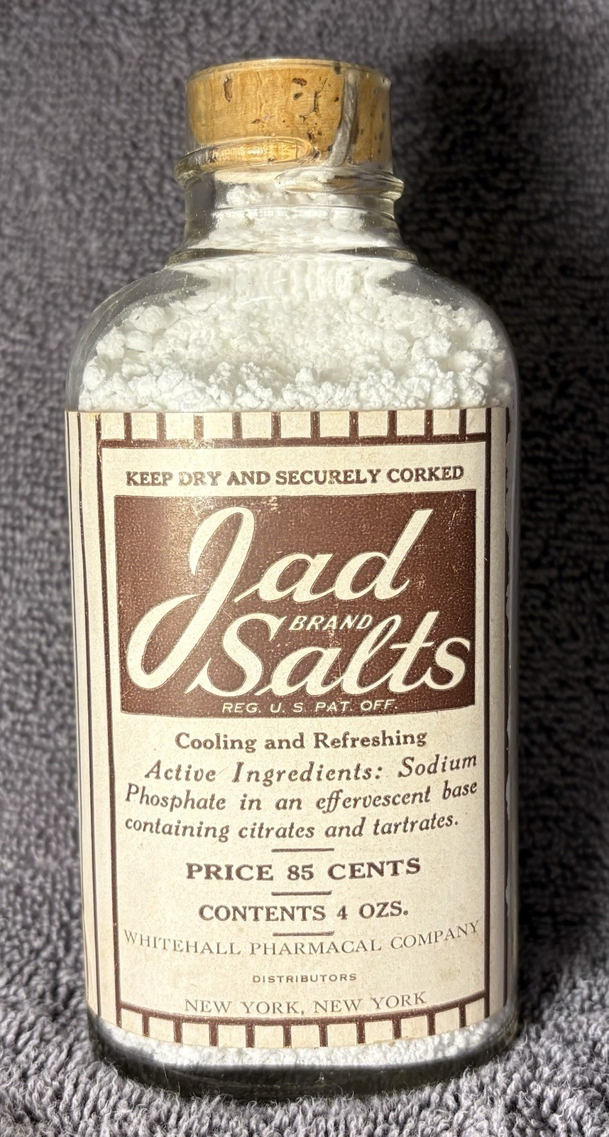 Vintage Apothecary Bottle Jad Brand Salts Medicinal Pharmacy Bottle w/ salt 6\ Vintage Apothecary Bottle Jad Brand Salts Medicinal Pharmacy Bottle w/ salt 6\